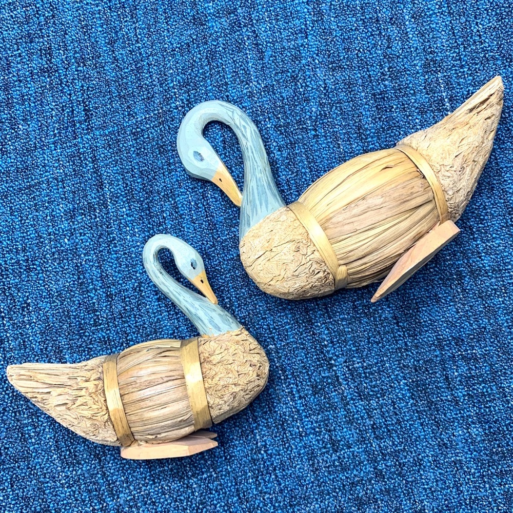 Vintage Hand Carved Wood Figurines Straw Set of Two Birds Made in Philippines